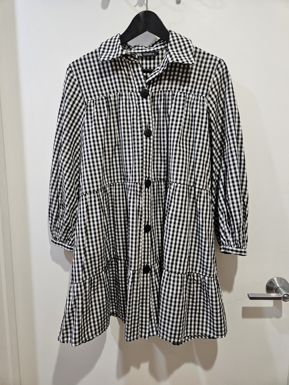 Zara Black and White Gingham Tiered Button-Front Dress
